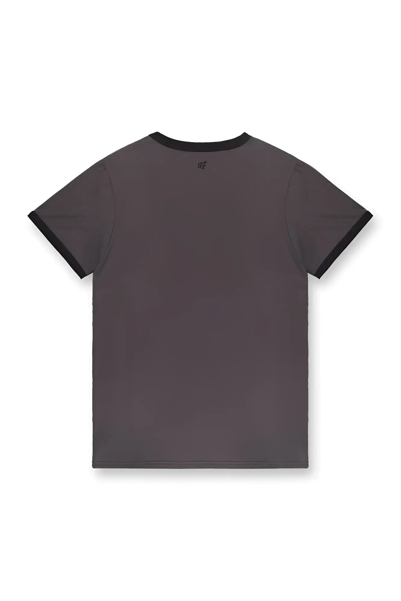 Dark gray stone gray muscle-fit ringer t-shirt with black ribbed collar and sleeve cuffs short sleeves