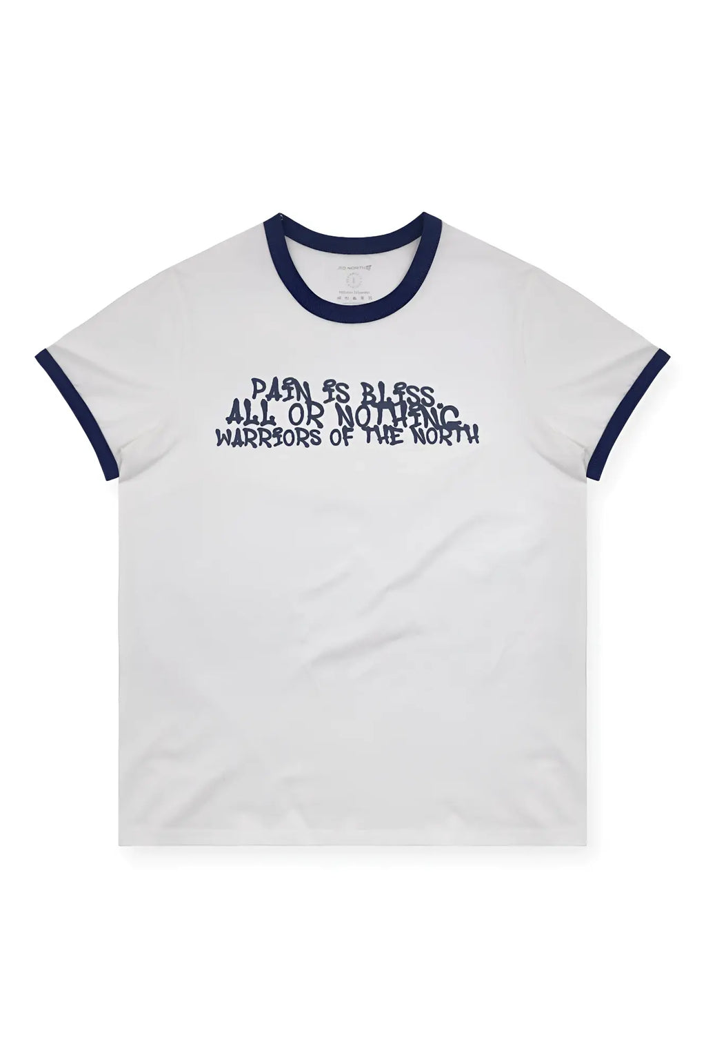 Muscle-fit white ringer tee with navy trim featuring a dark gray stylized pain is bless all or nothing warriors graphic