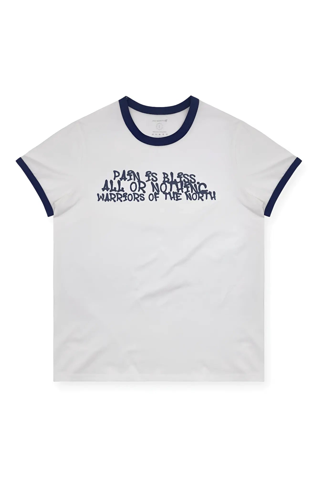 Muscle-fit white ringer tee with navy trim featuring a dark gray stylized pain is bless all or nothing warriors graphic
