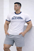 Muscle-fit white ringer tee with navy trim and bold pain is bless all or nothing warriors of the north text