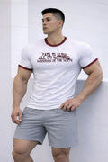Muscle-fit white ringer tee with maroon trim featuring bold pain is bless all or nothing warriors of the north text