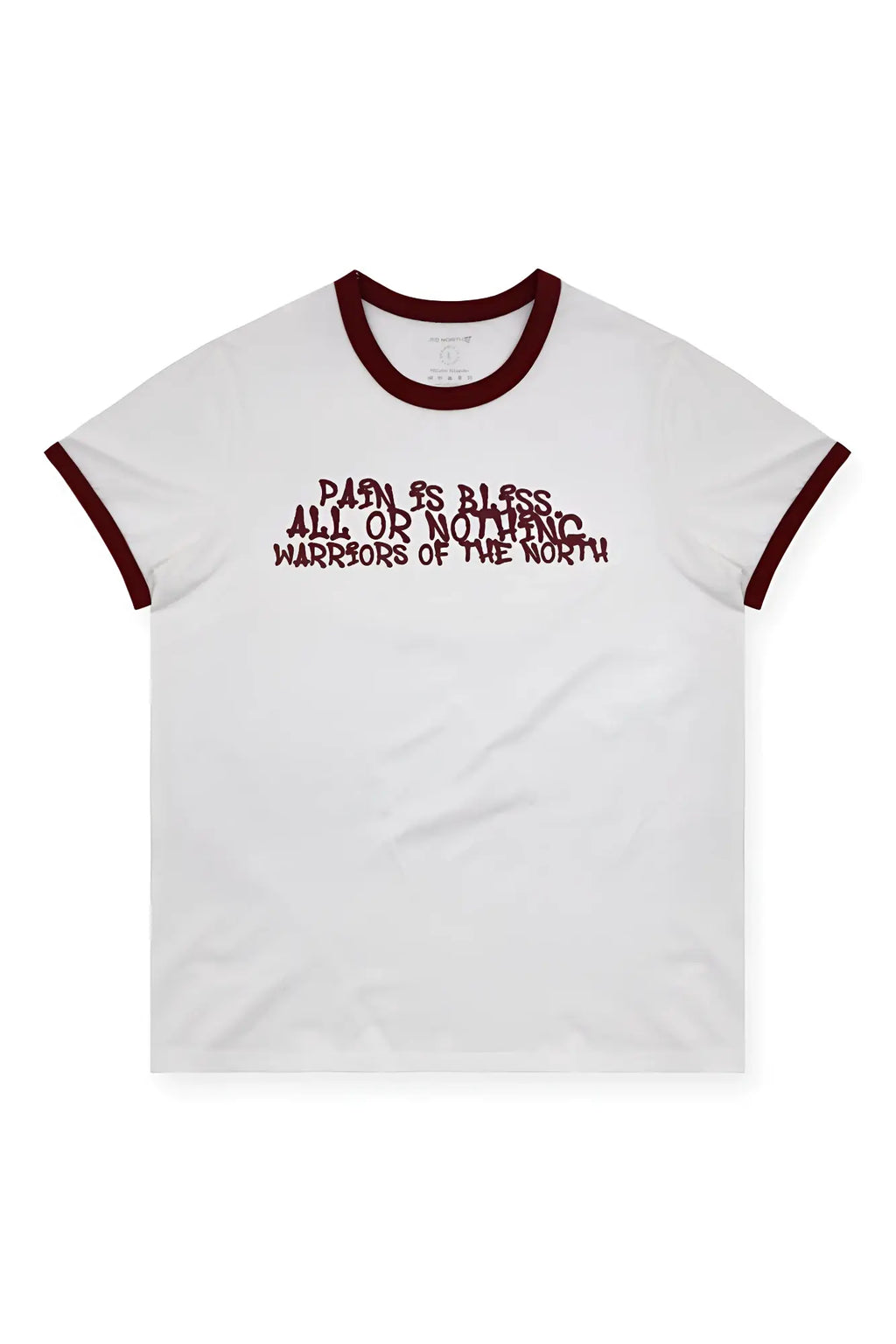 Muscle-fit white ringer tee with maroon trim and bold distressed pain is bless warriors graphic in maroon lettering