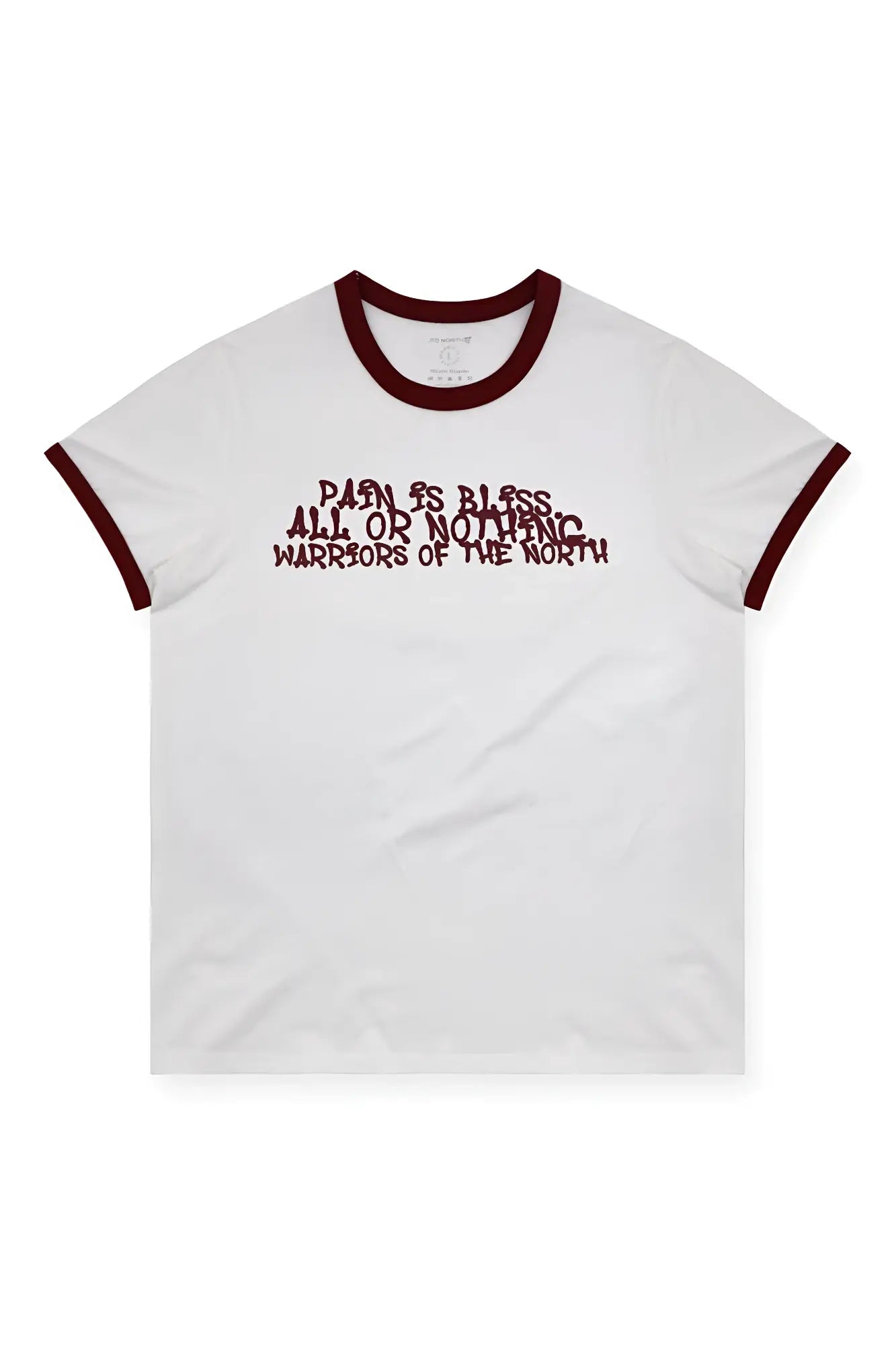 Muscle-fit white ringer tee with maroon trim and bold distressed pain is bless warriors graphic in maroon lettering