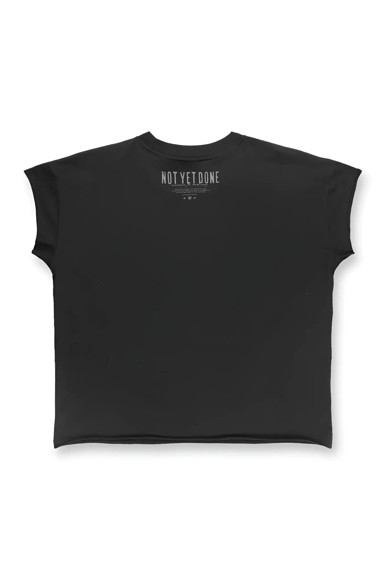 Black oversized raw-cut cropped sleeveless t-shirt with not yet done print at the neckline