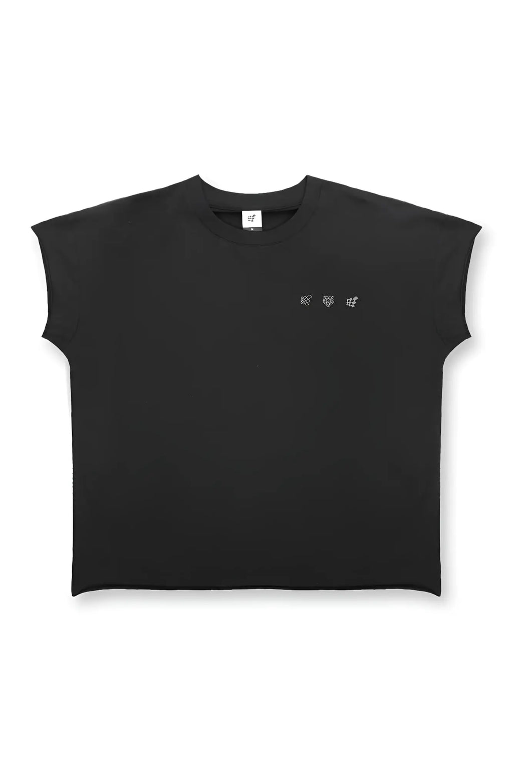 Black oversized raw-cut cropped sleeveless t-shirt with a subtle white embroidered logo on the chest