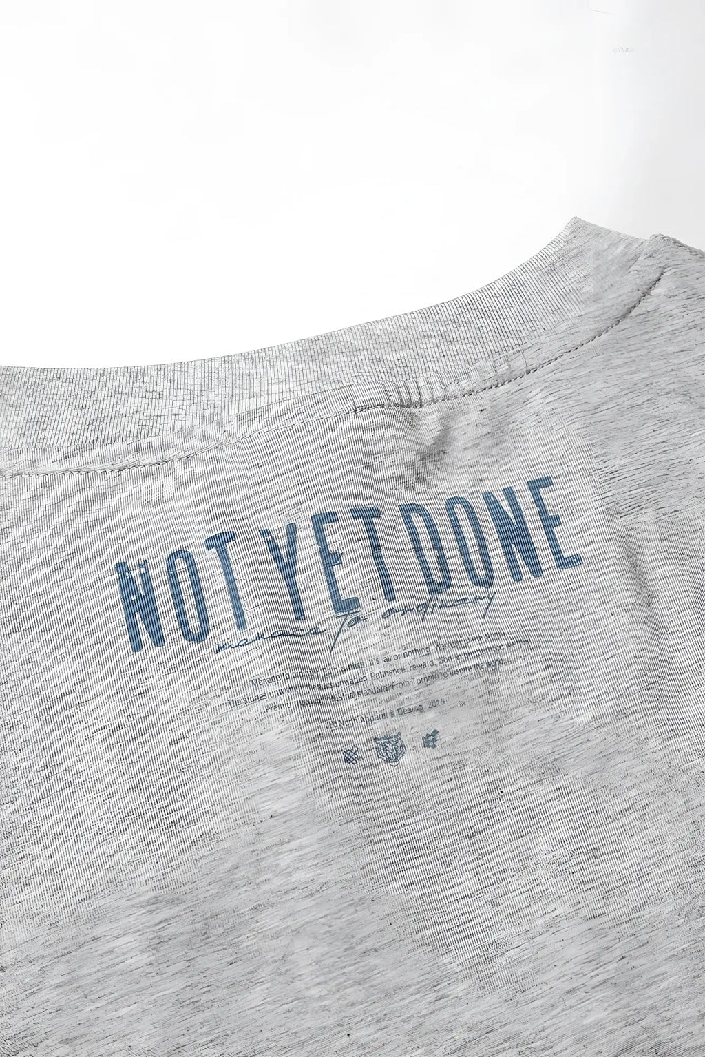 Back of oversized raw-cut cropped tee heather gray gray heathered cotton with not yet done printed in muted blue font