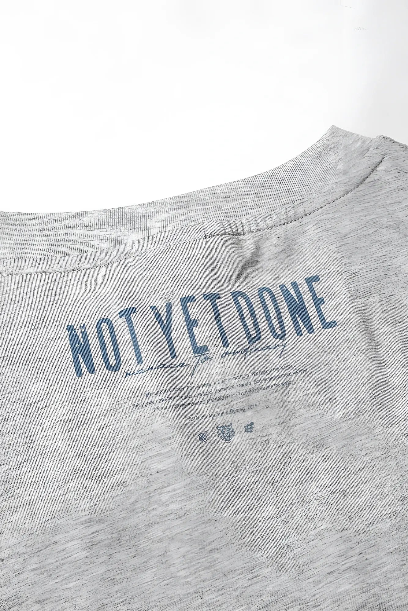 Back of oversized raw-cut cropped tee heather gray gray heathered cotton with not yet done printed in muted blue font
