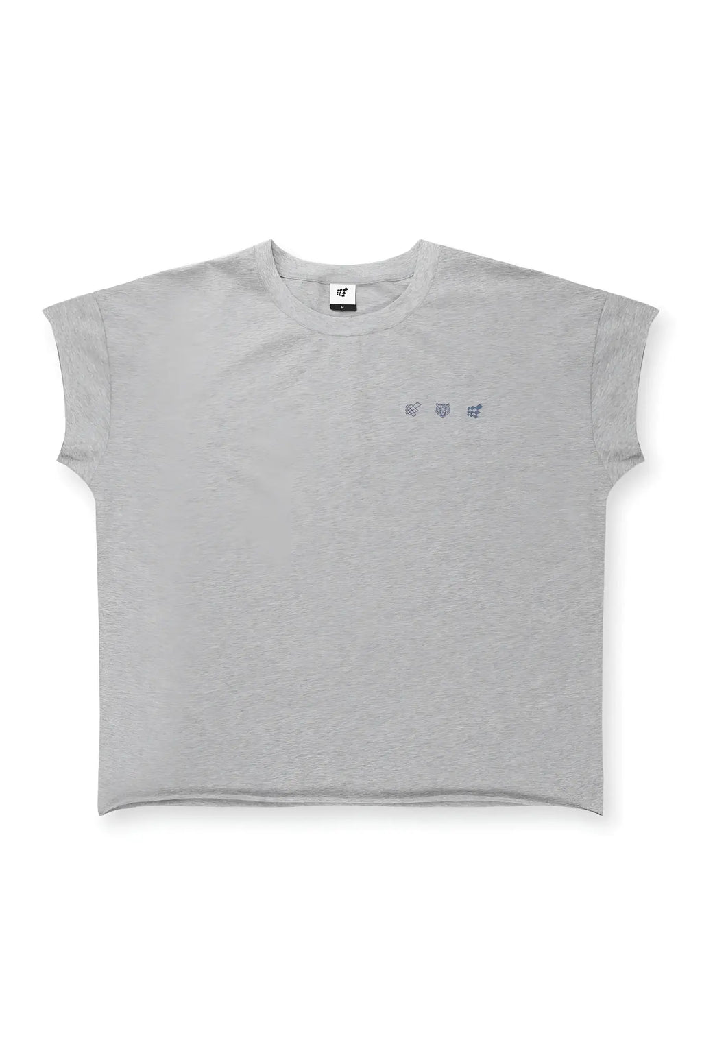 A heather gray oversized raw-cut cropped tee with short sleeves and a subtle embroidered logo on the chest