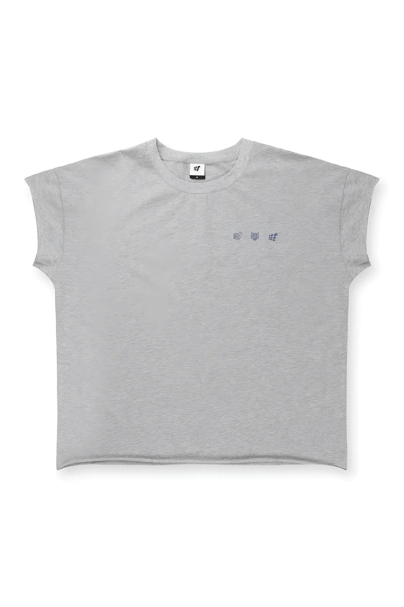 A heather gray oversized raw-cut cropped tee with short sleeves and a subtle embroidered logo on the chest