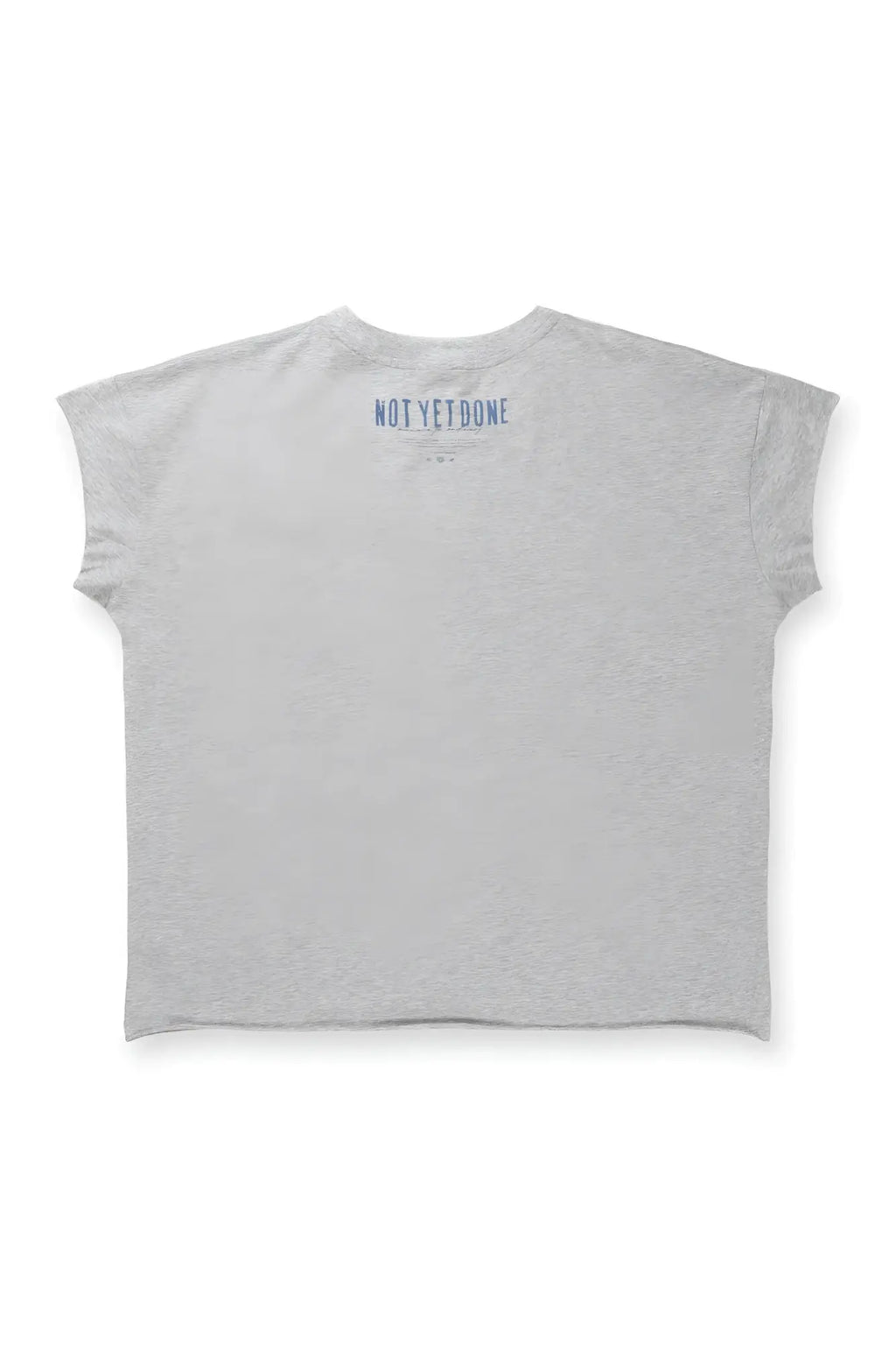 Heather gray oversized raw-cut cropped tee with short sleeves and navy blue not yet done text at the neckline