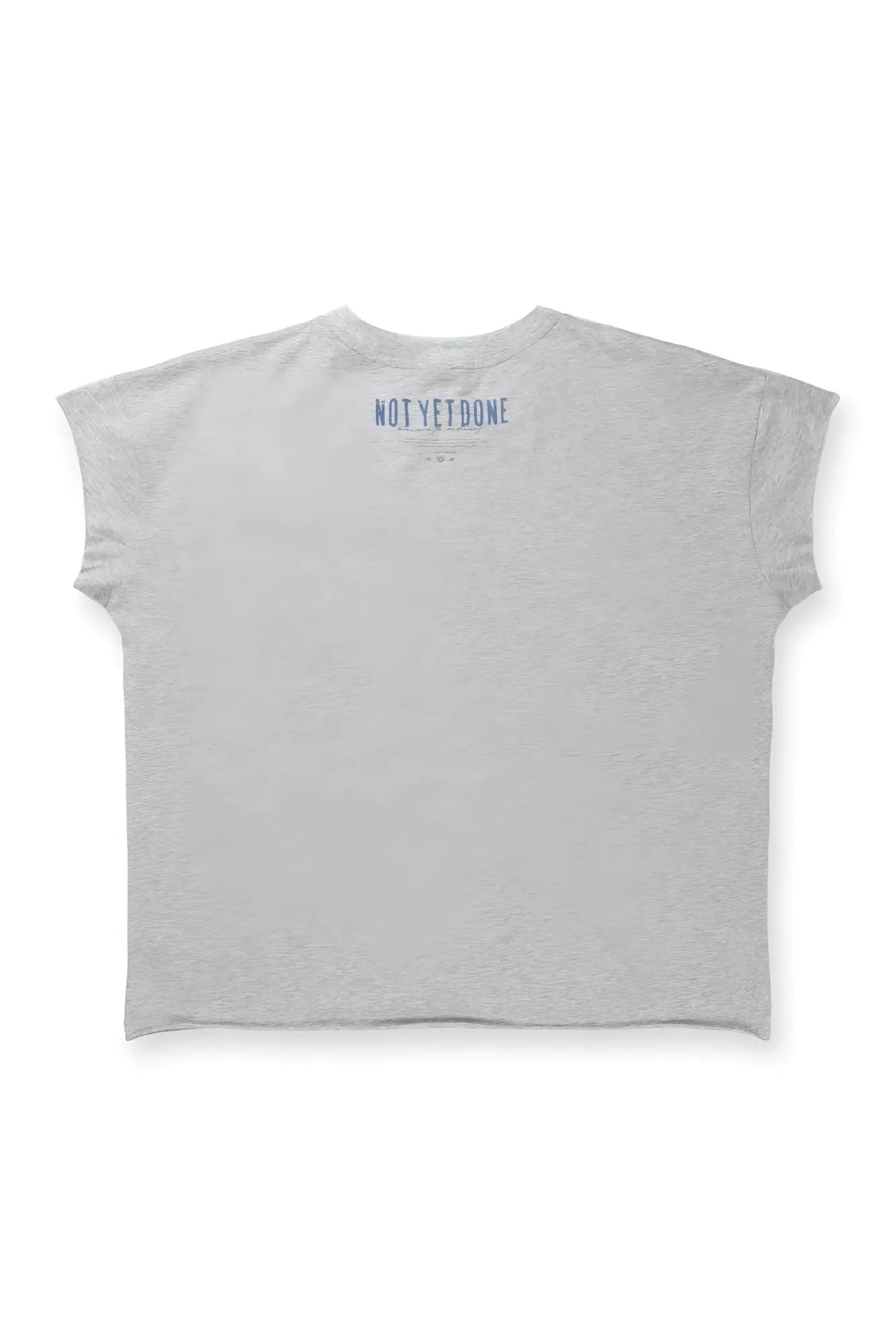 Heather gray oversized raw-cut cropped tee with short sleeves and navy blue not yet done text at the neckline