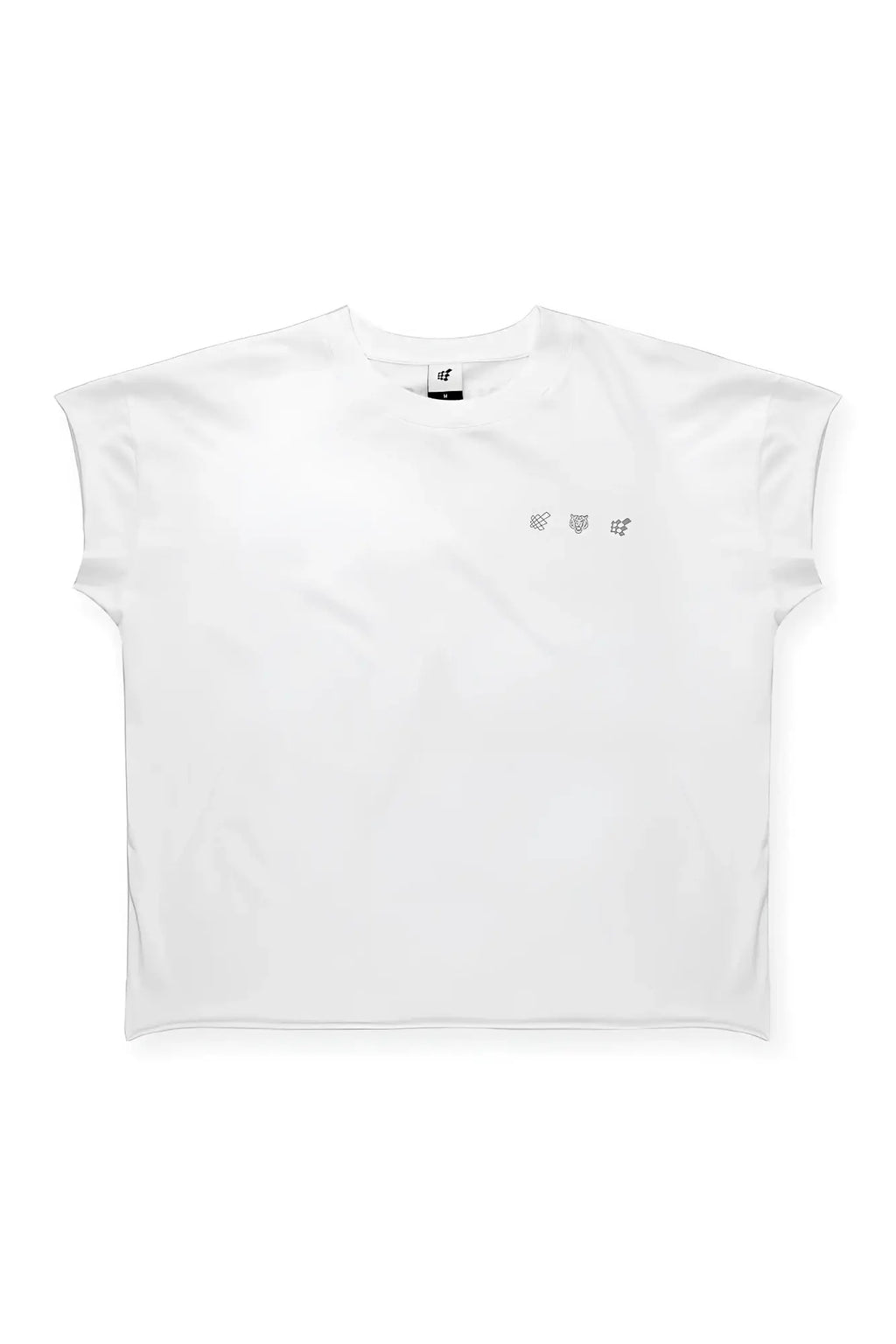 White oversized raw-cut cropped sleeveless t-shirt with subtle embroidered logo on the chest
