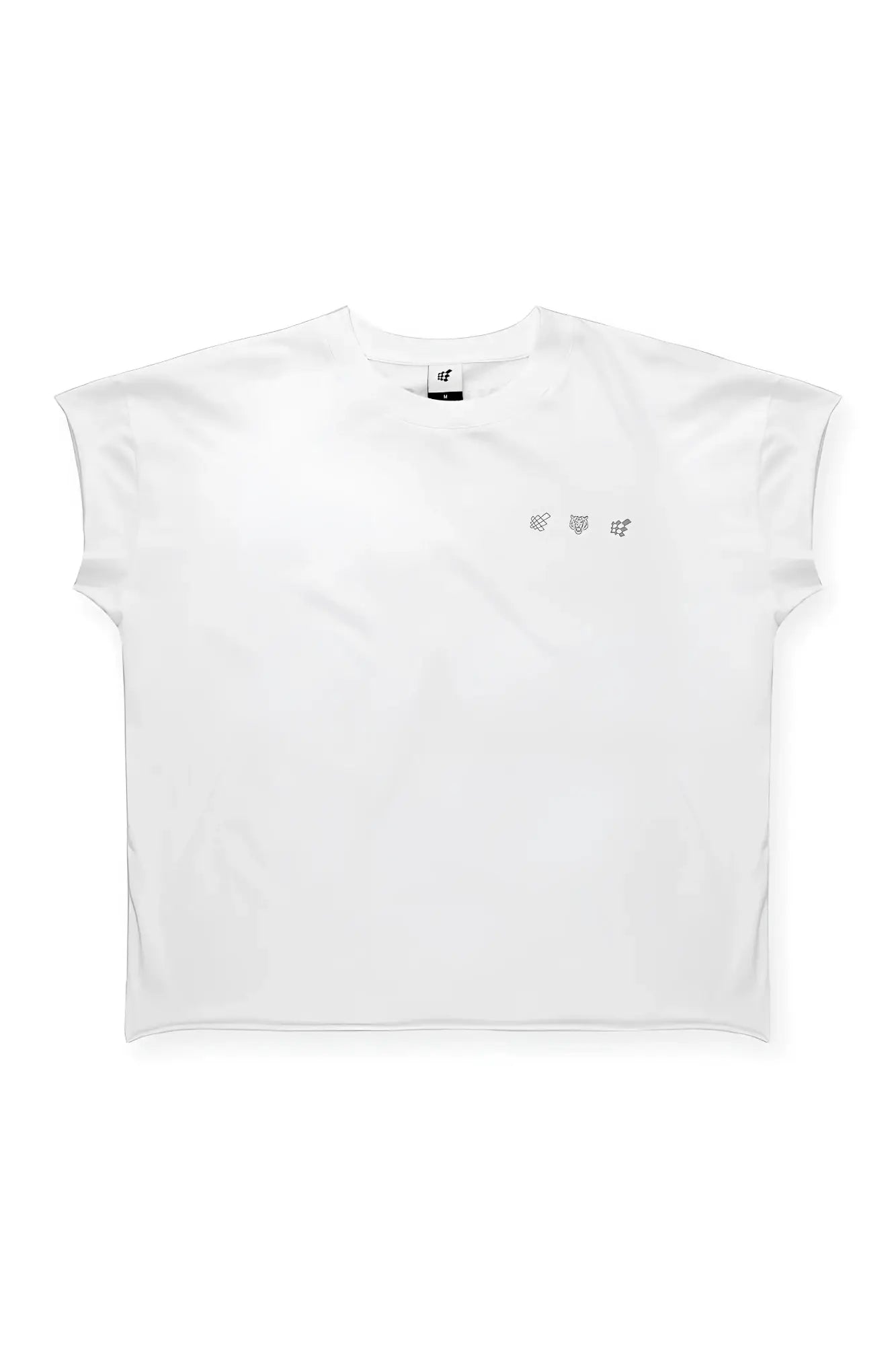 White oversized raw-cut cropped sleeveless t-shirt with subtle embroidered logo on the chest