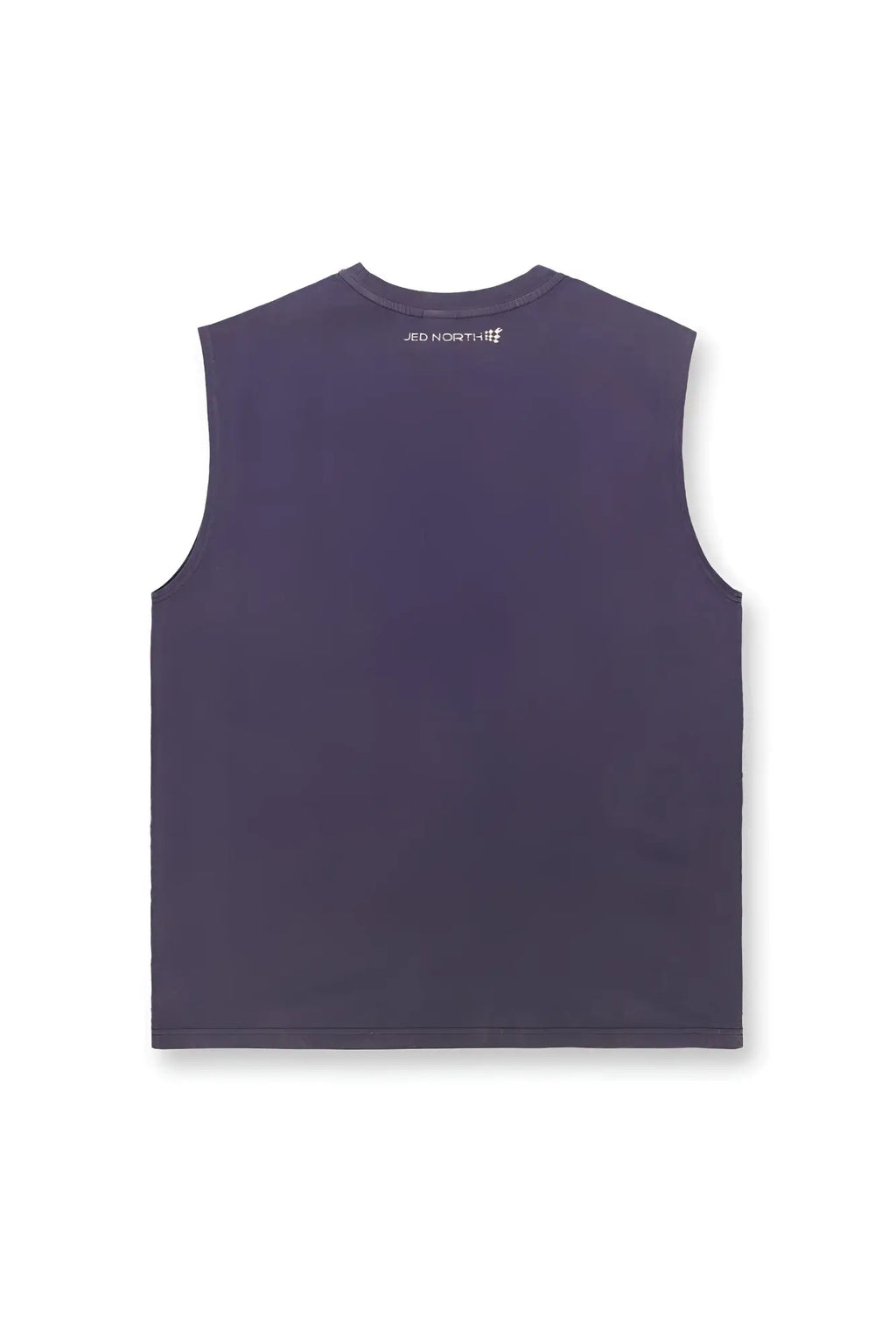Dark purple sleeveless oversized t-shirt with small white jed north logo at neckline in washed navy style
