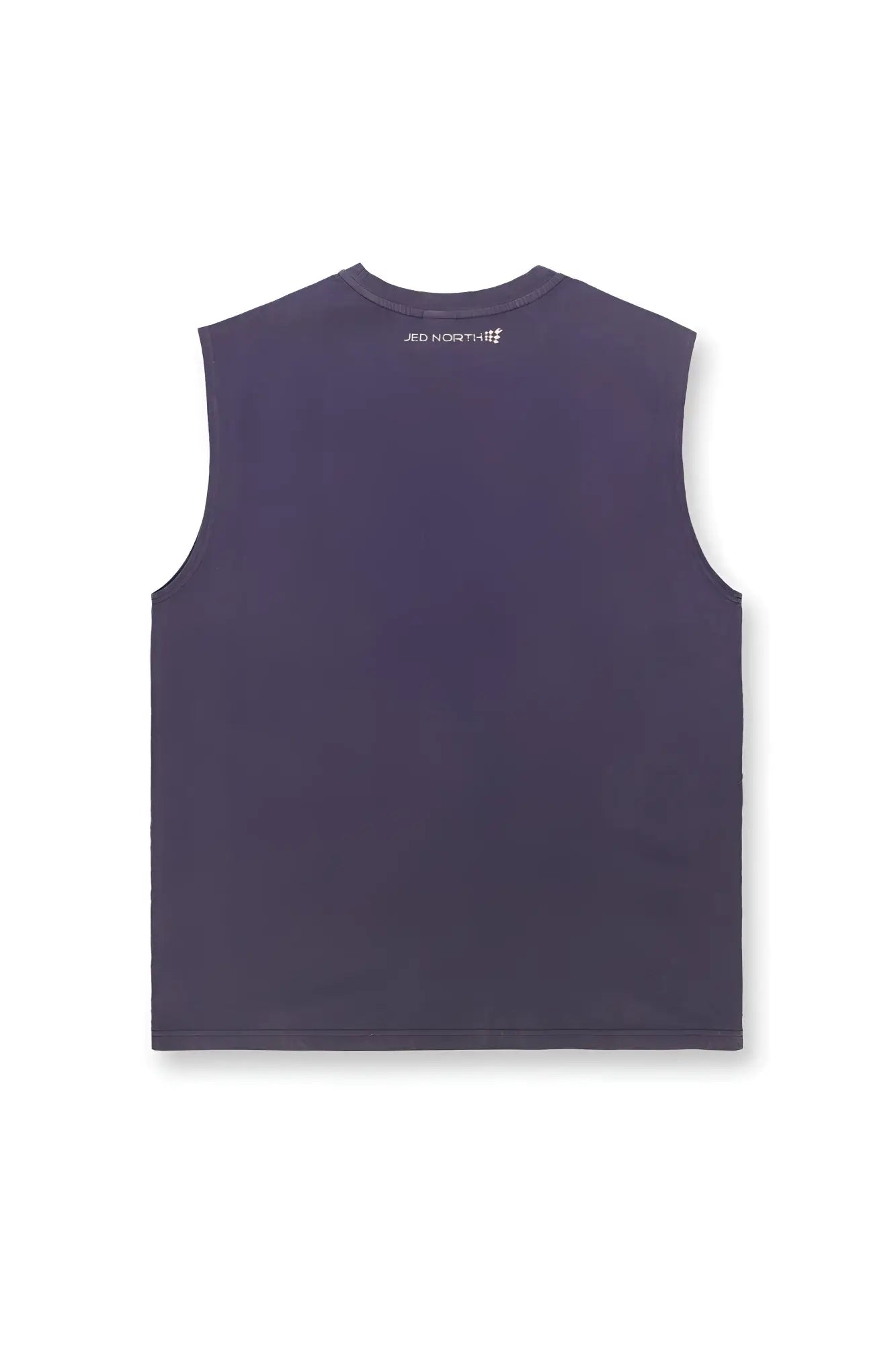 Dark purple sleeveless oversized t-shirt with small white jed north logo at neckline in washed navy style