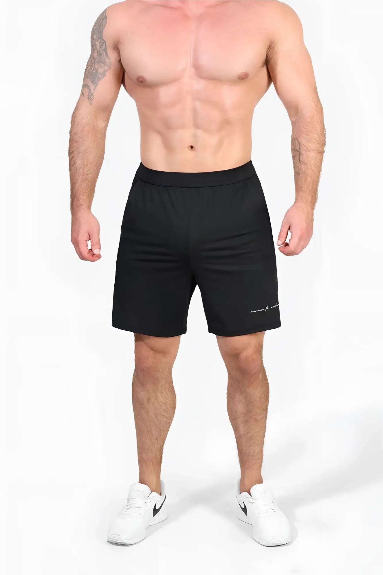 Jed North performance Air-Tech black athletic shorts with breathable fabric and subtle white logo on lower right leg