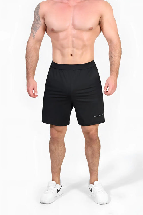 Jed North performance Air-Tech black athletic shorts with breathable fabric and subtle white logo on lower right leg