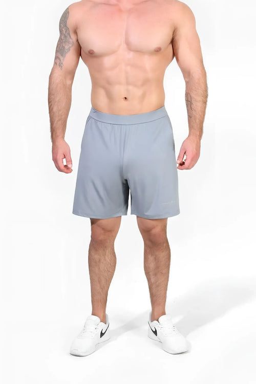 Jed North performance air-tech athletic shorts in light gray with sleek modern design and subtle branding on lower right leg