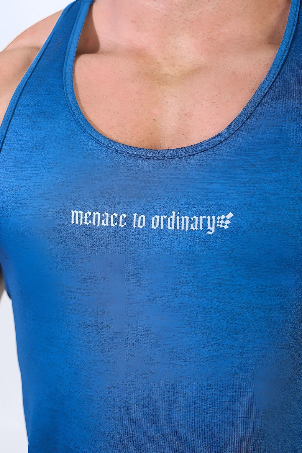 Blue jed north performance max bodybuilding stringer tank top with white menace to ordinary embroidery