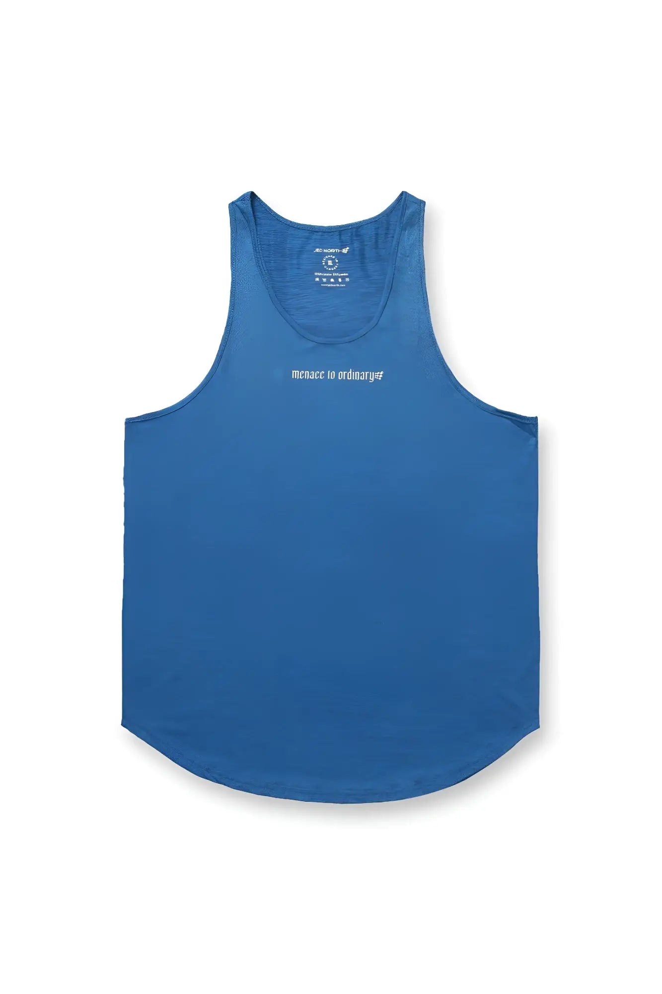 Jed North performance max bodybuilding stringer tank top in denim blue with white chest text print for gym workouts