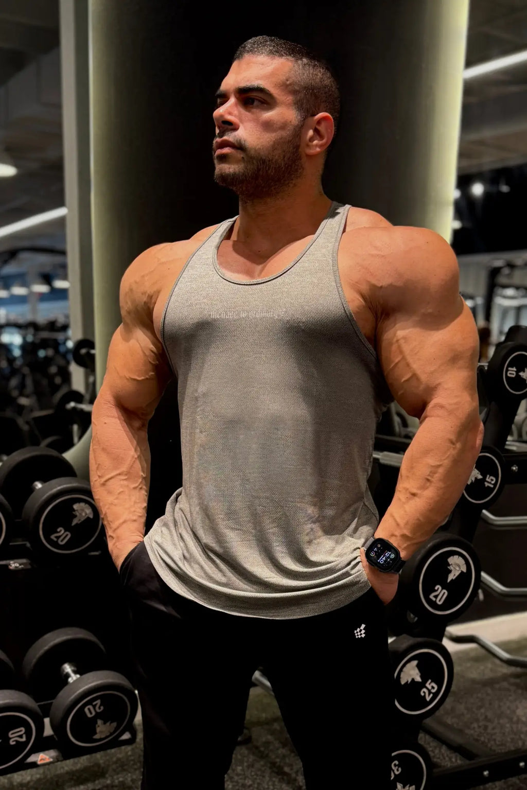 Gray Jed North Performance Max bodybuilding stringer tank top with subtle textured weave and round neckline