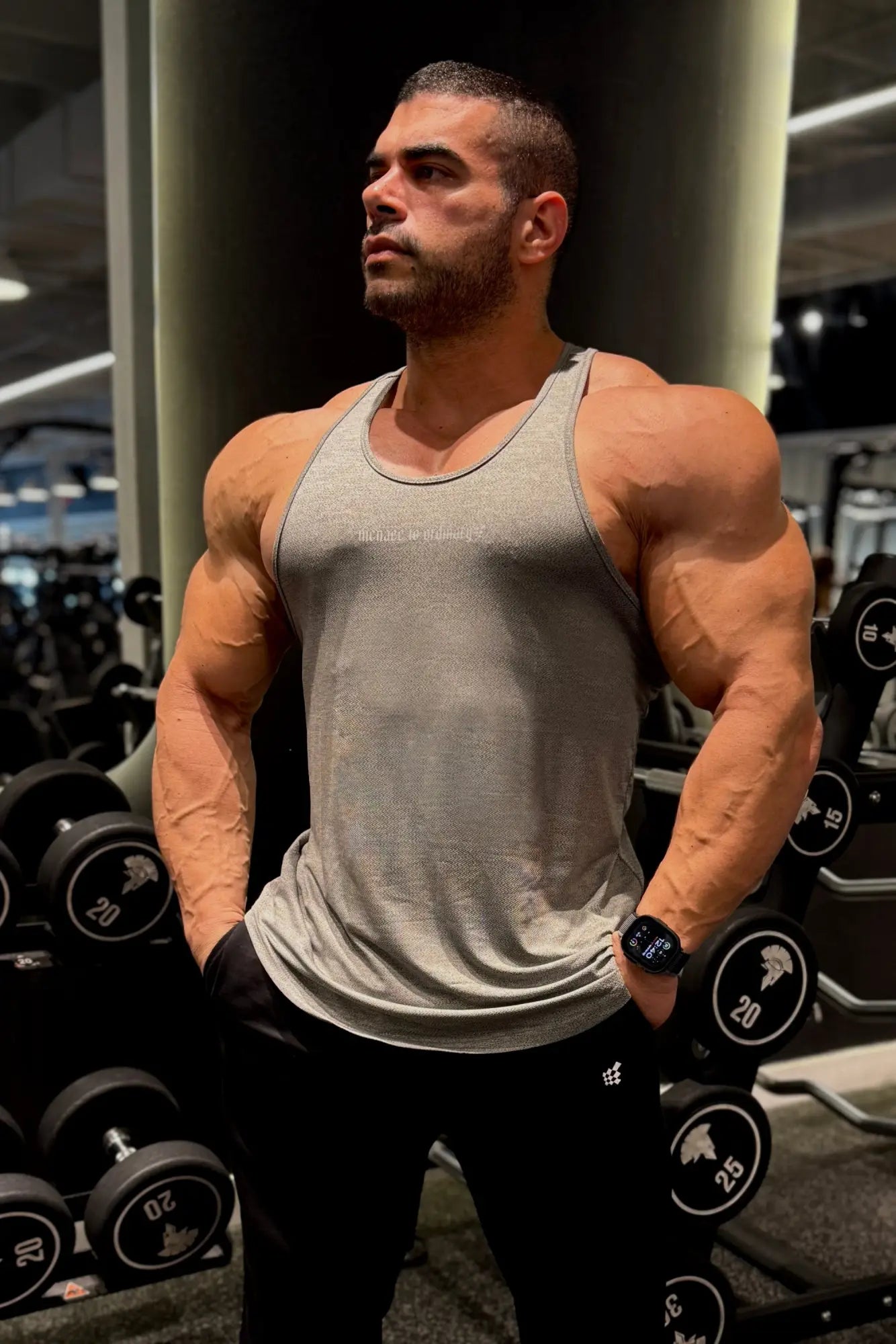 Gray Jed North Performance Max bodybuilding stringer tank top with subtle textured weave and round neckline