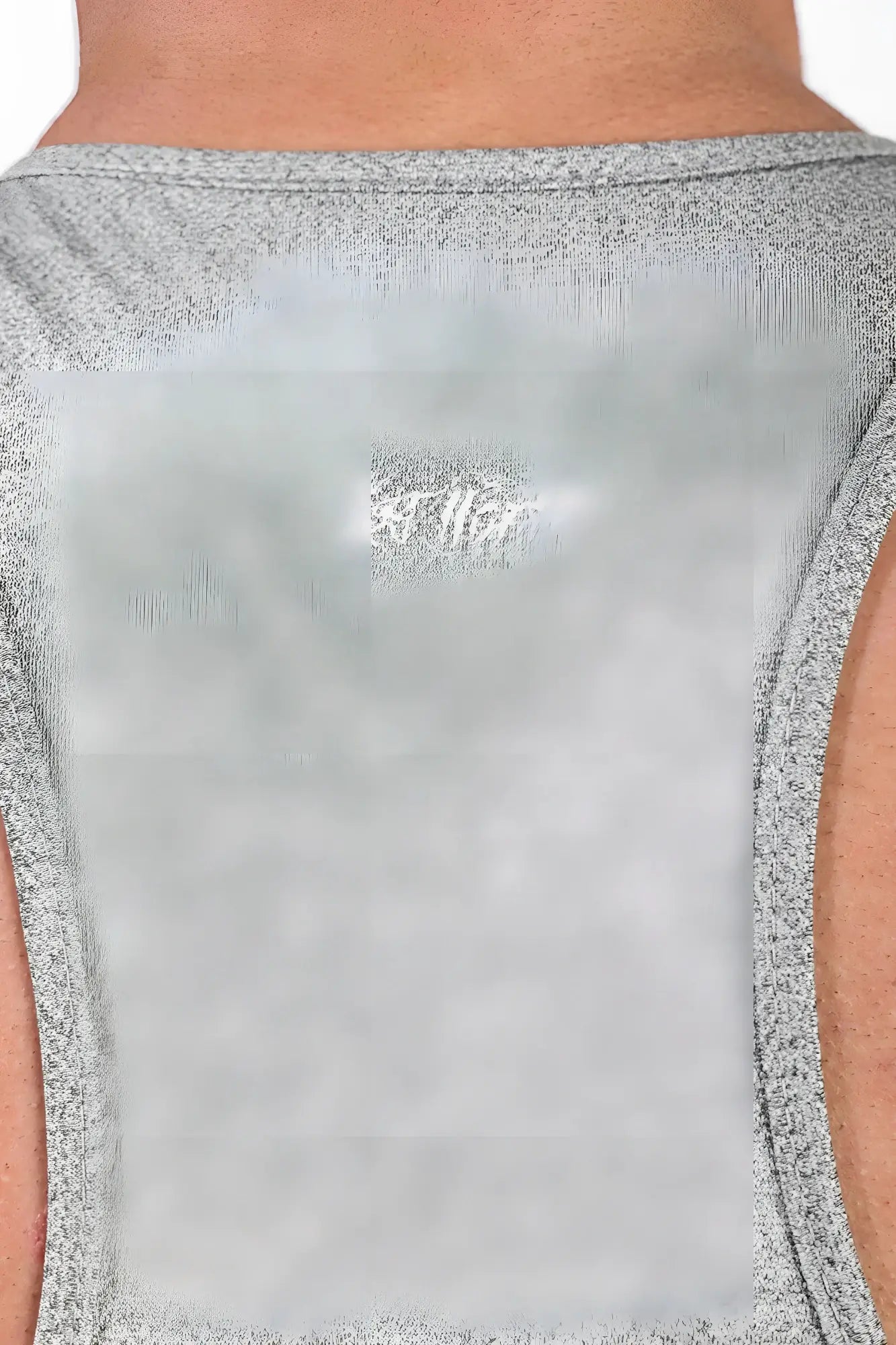 Back view of gray heathered sleeveless jed north performance max bodybuilding stringer with white embroidered logo