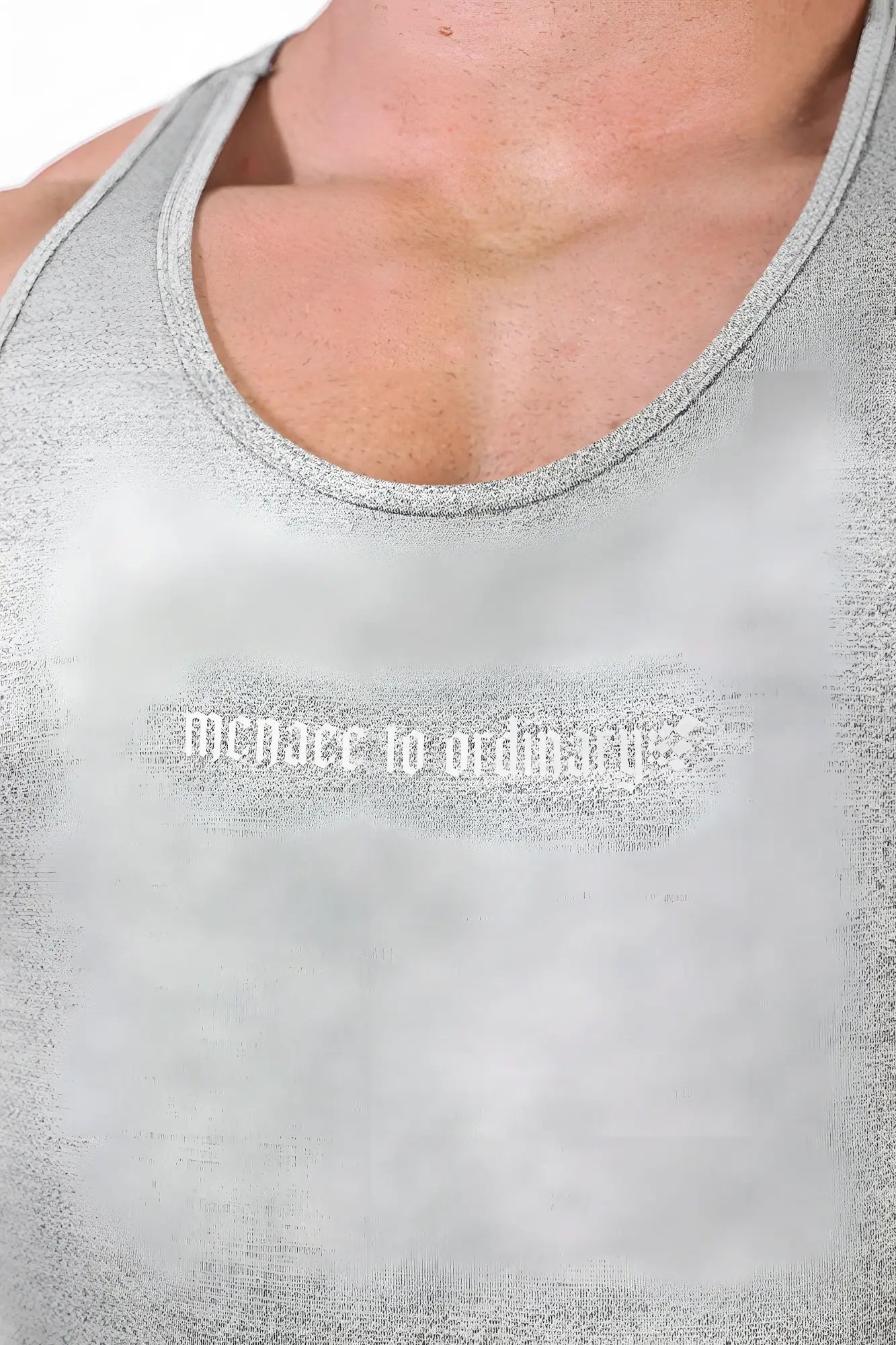Gray heathered Jed North performance max bodybuilding stringer tank top with white embroidery on front