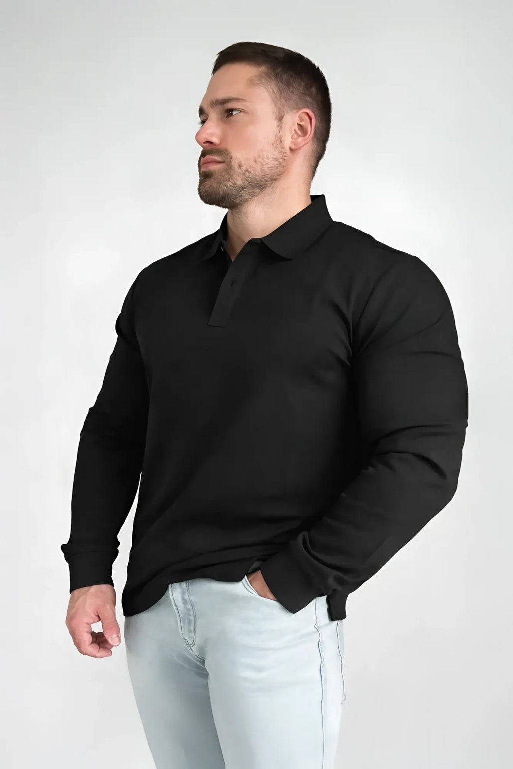 Black polo button-up longsleeve shirt with classic collar and subtle ribbed texture perfect for casual wear