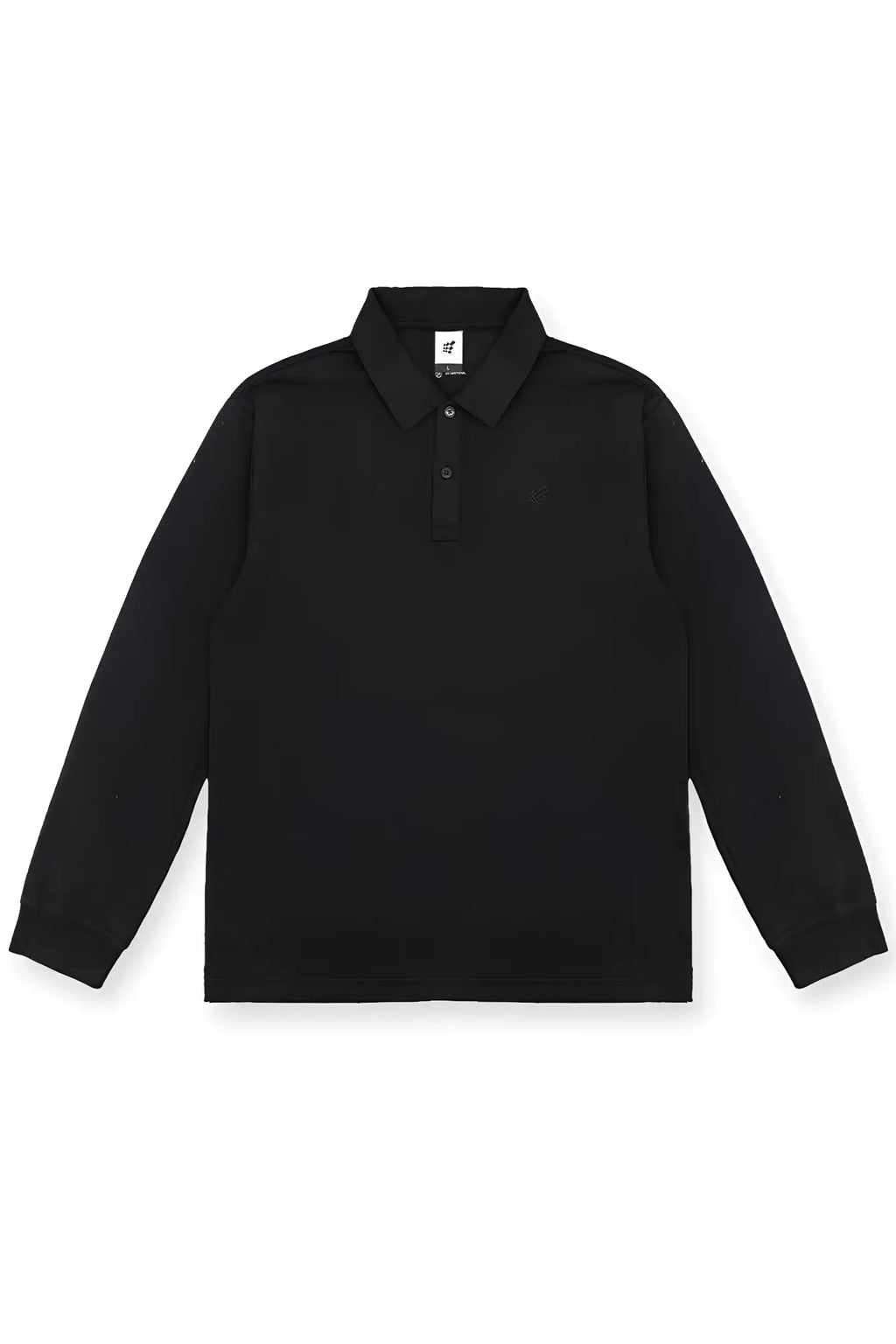 Black long-sleeved polo shirt with classic collar and button placket suitable for casual and semi-formal wear