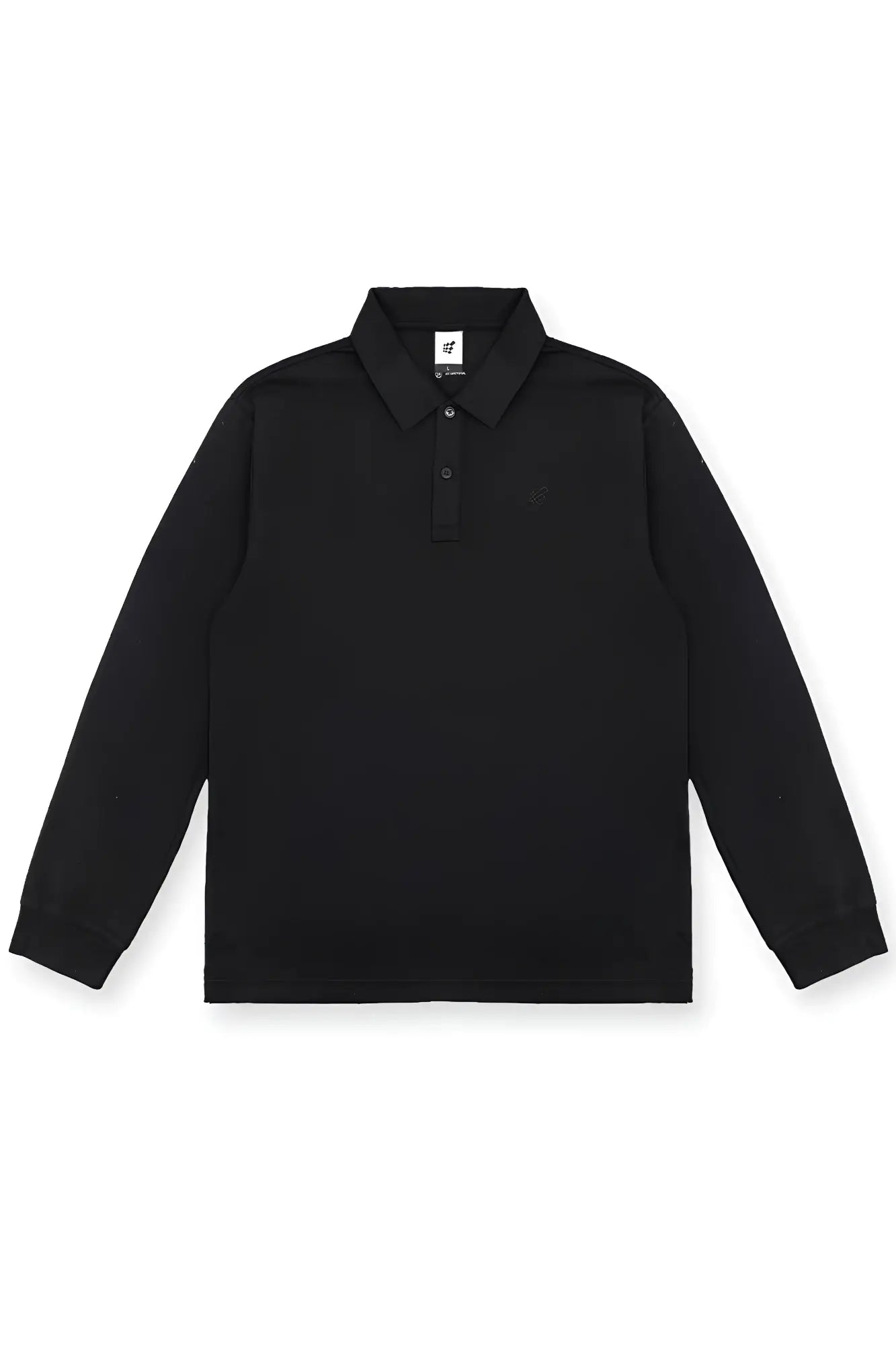 Black long-sleeved polo shirt with classic collar and button placket suitable for casual and semi-formal wear