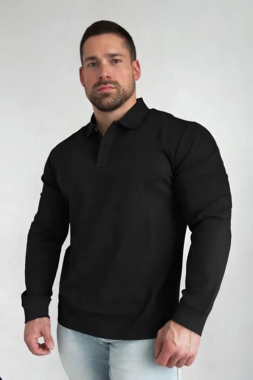 Black long-sleeved polo button-up shirt with classic collar and buttoned placket for versatile wear