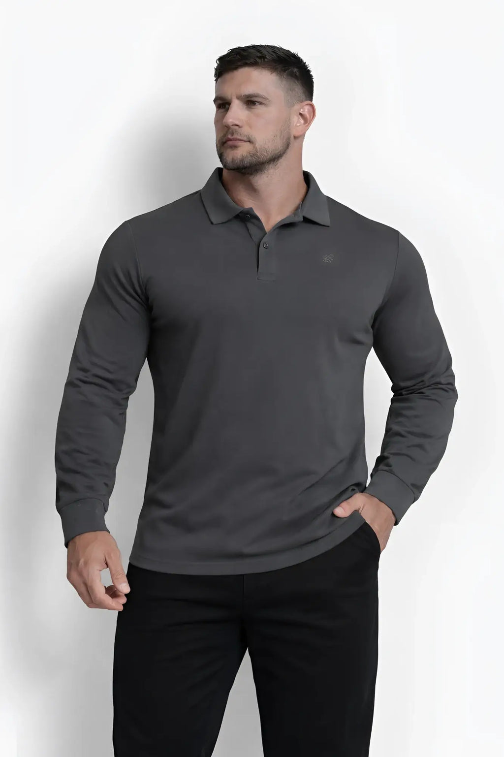 Dark gray long-sleeved polo shirt with subtle textured weave and small embroidered logo on the chest