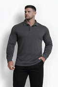 Dark gray long-sleeved polo shirt with subtle textured weave and small embroidered logo on the chest