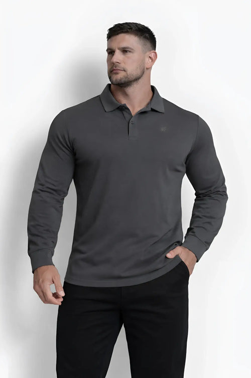 Dark gray long-sleeved polo shirt with subtle textured weave and small embroidered logo on the chest