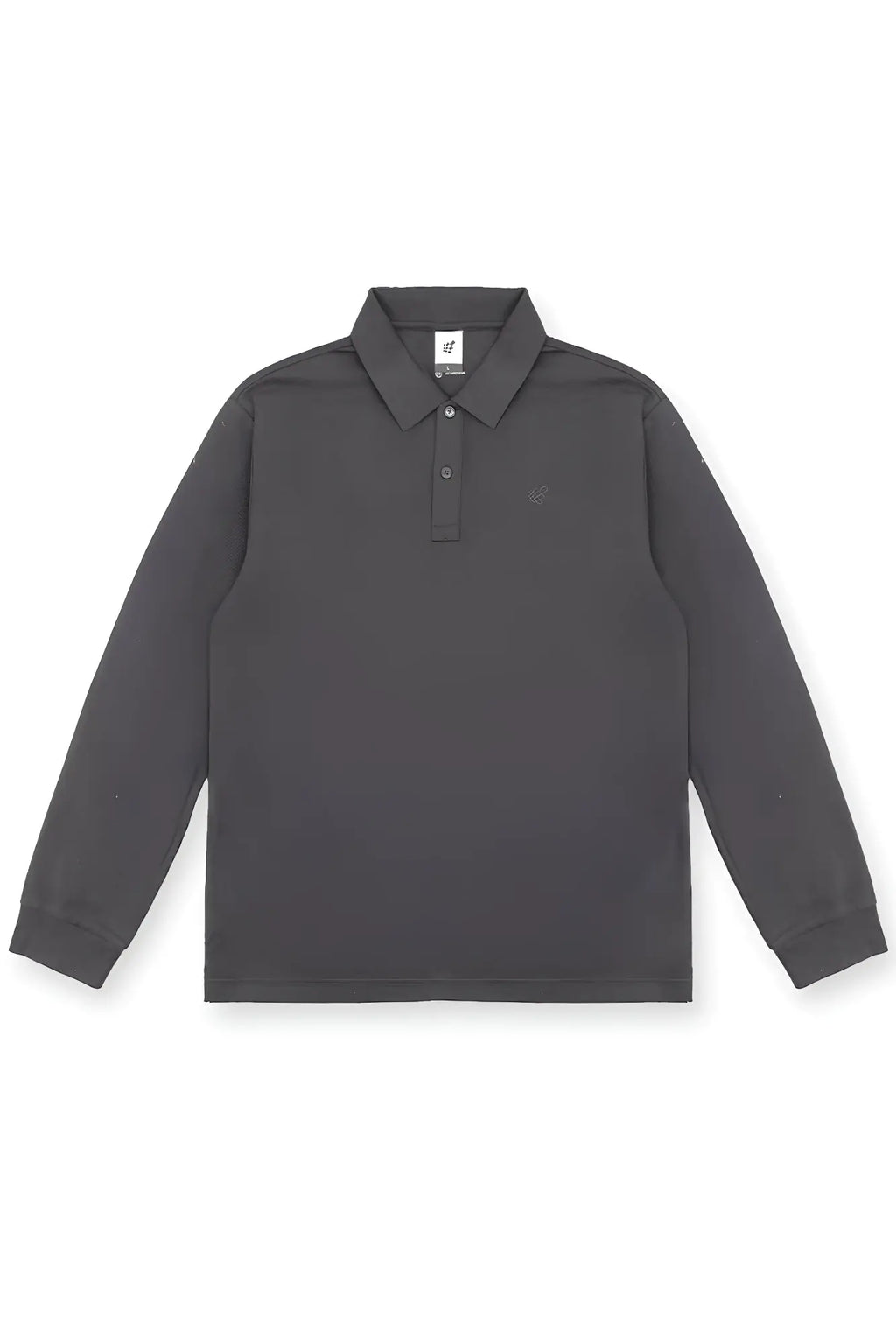 Dark gray long-sleeved polo shirt with classic collar and subtle brand logo on chest for casual wear