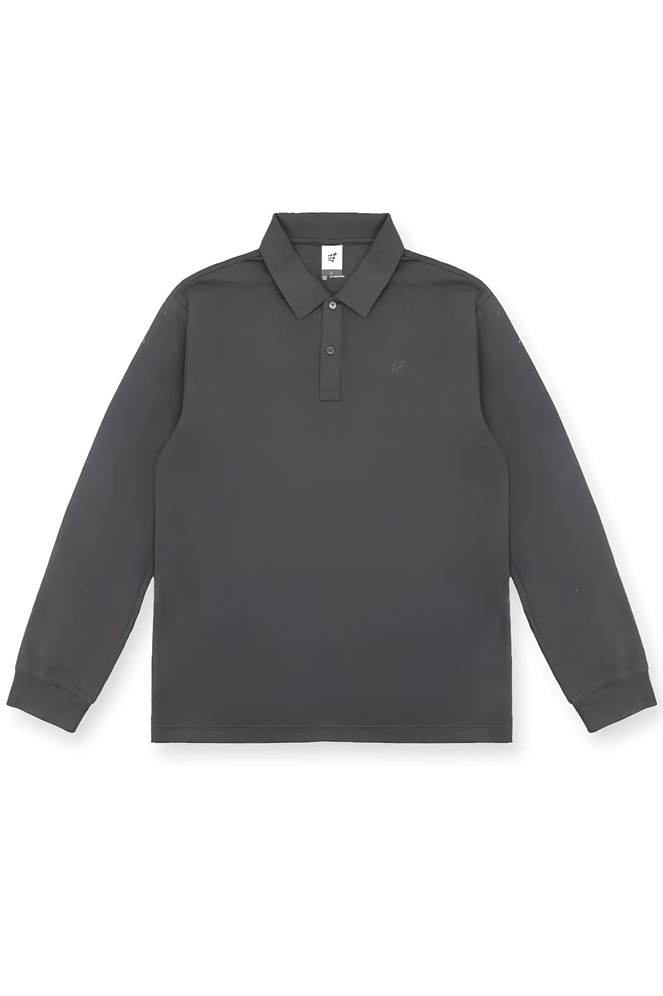 Dark gray long-sleeved polo shirt with classic collar and subtle brand logo on chest for casual wear