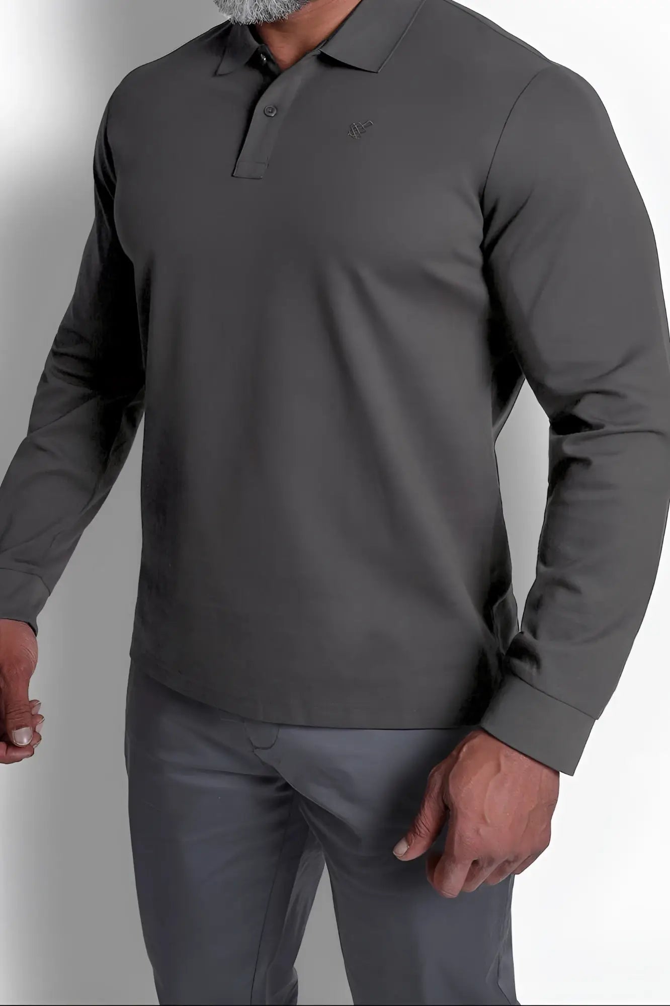 Dark gray long-sleeved polo button-up shirt with subtle embroidered logo on chest for casual wear