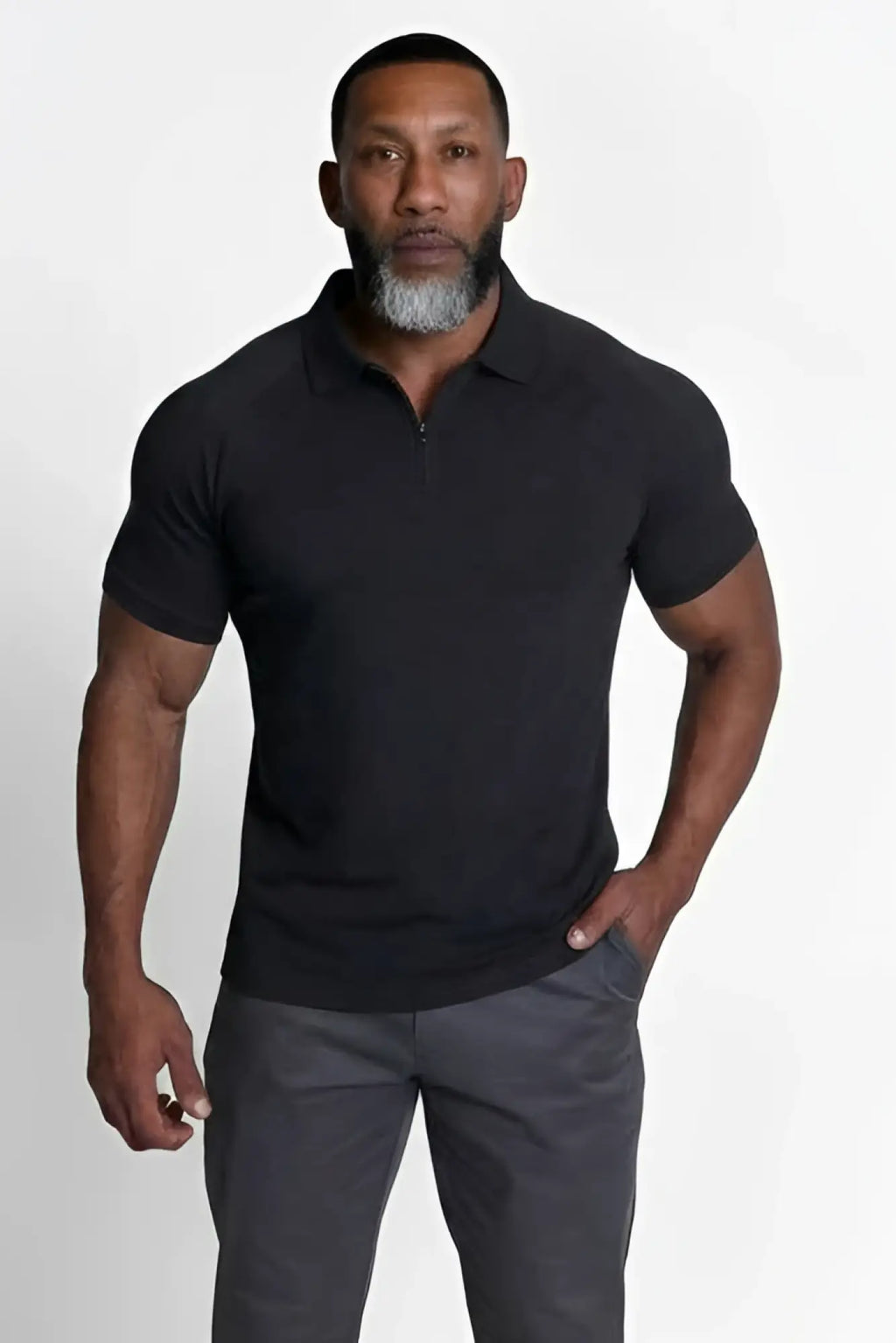 Black premium muscle-fit polo tee with short sleeves and half-zip collar made of soft breathable fabric