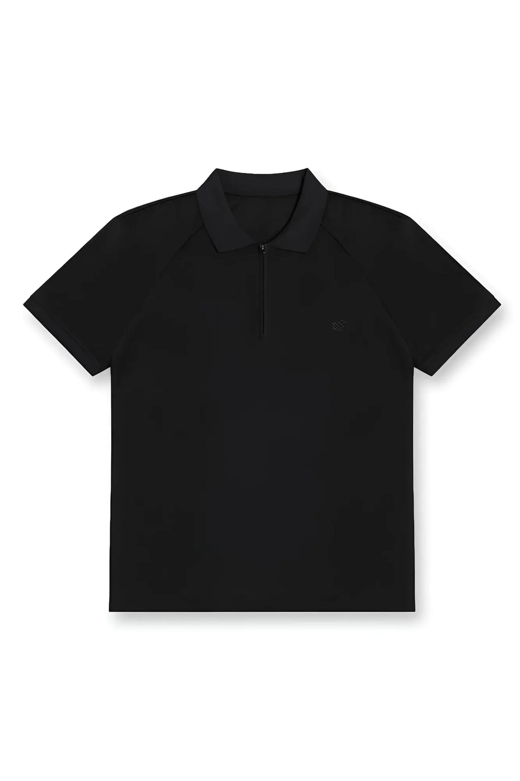 Premium muscle-fit black polo tee with short sleeves half-zip collar and subtle chest embroidered logo