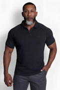 Black premium muscle-fit short-sleeved polo tee with half-zip collar and subtle chest logo for casual wear