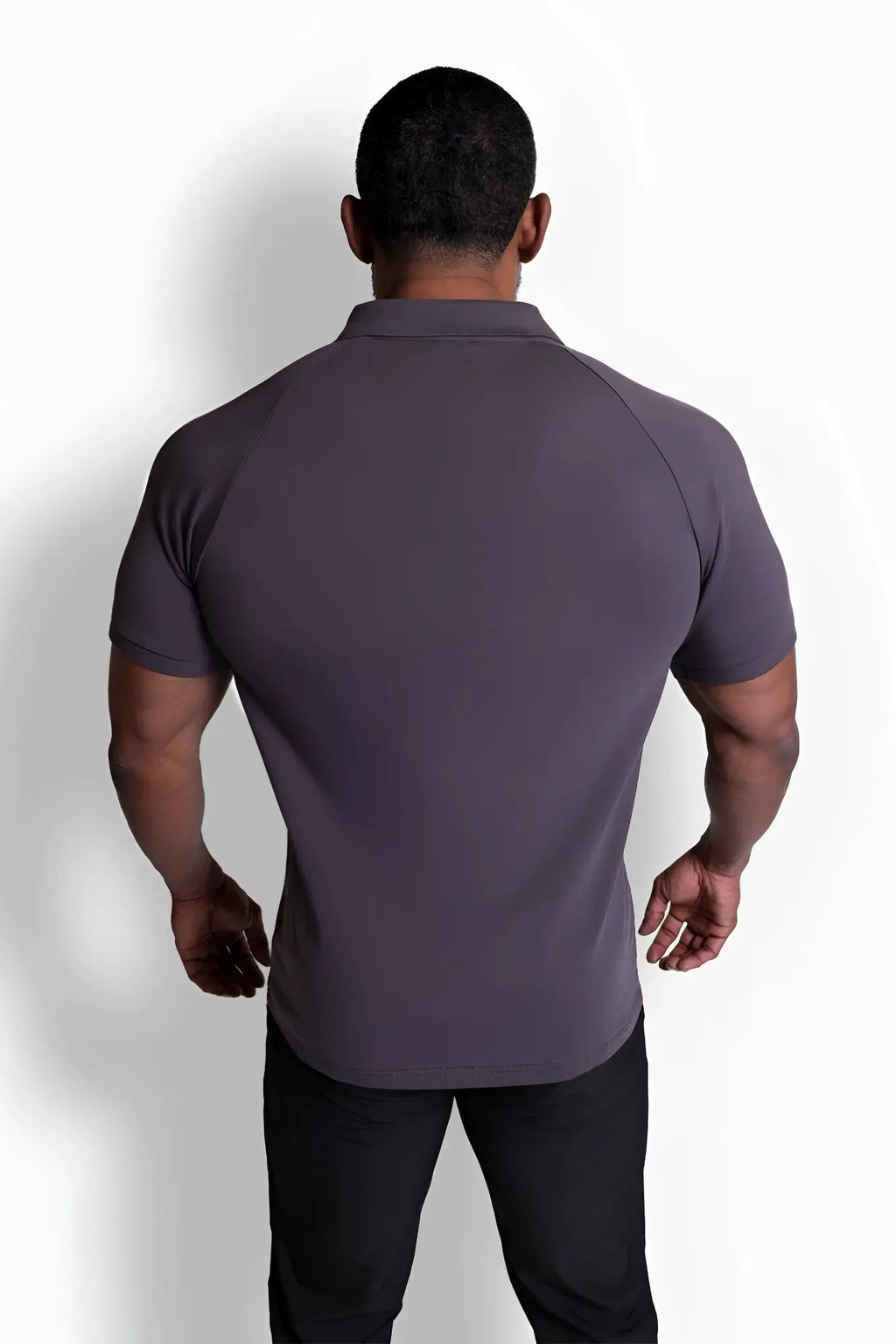 Dark gray premium muscle-fit polo tee with zipper featuring ribbed collar and raglan short sleeves