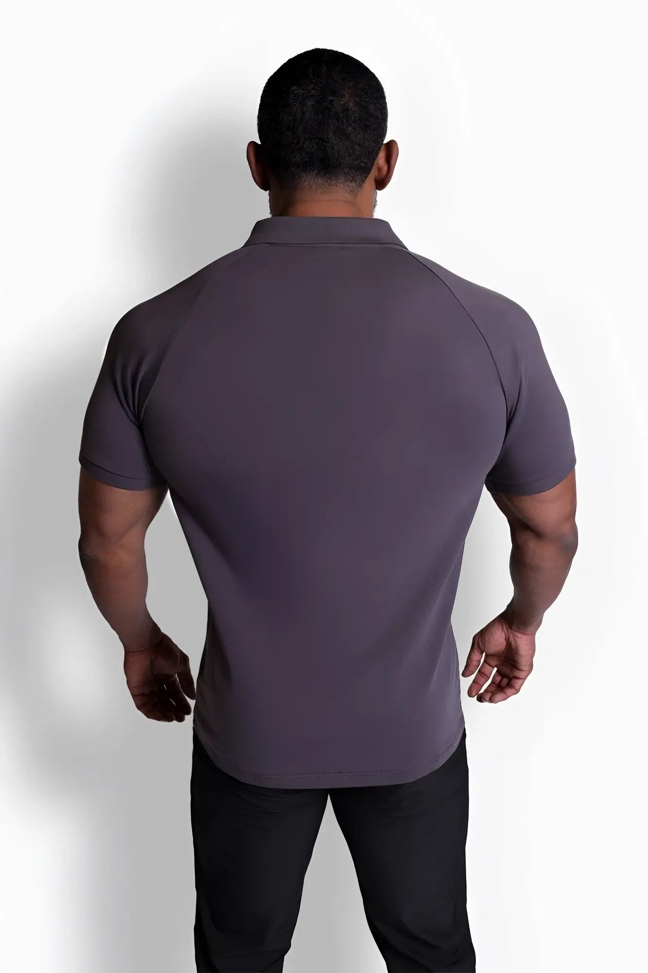Dark gray premium muscle-fit polo tee with zipper featuring ribbed collar and raglan short sleeves