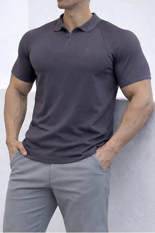 Dark gray premium muscle-fit polo tee with short sleeves zipper closure and subtle chest logo for casual wear