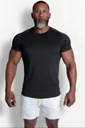Premium training tee black short-sleeved athletic t-shirt with crew neck and subtle side panels for workouts