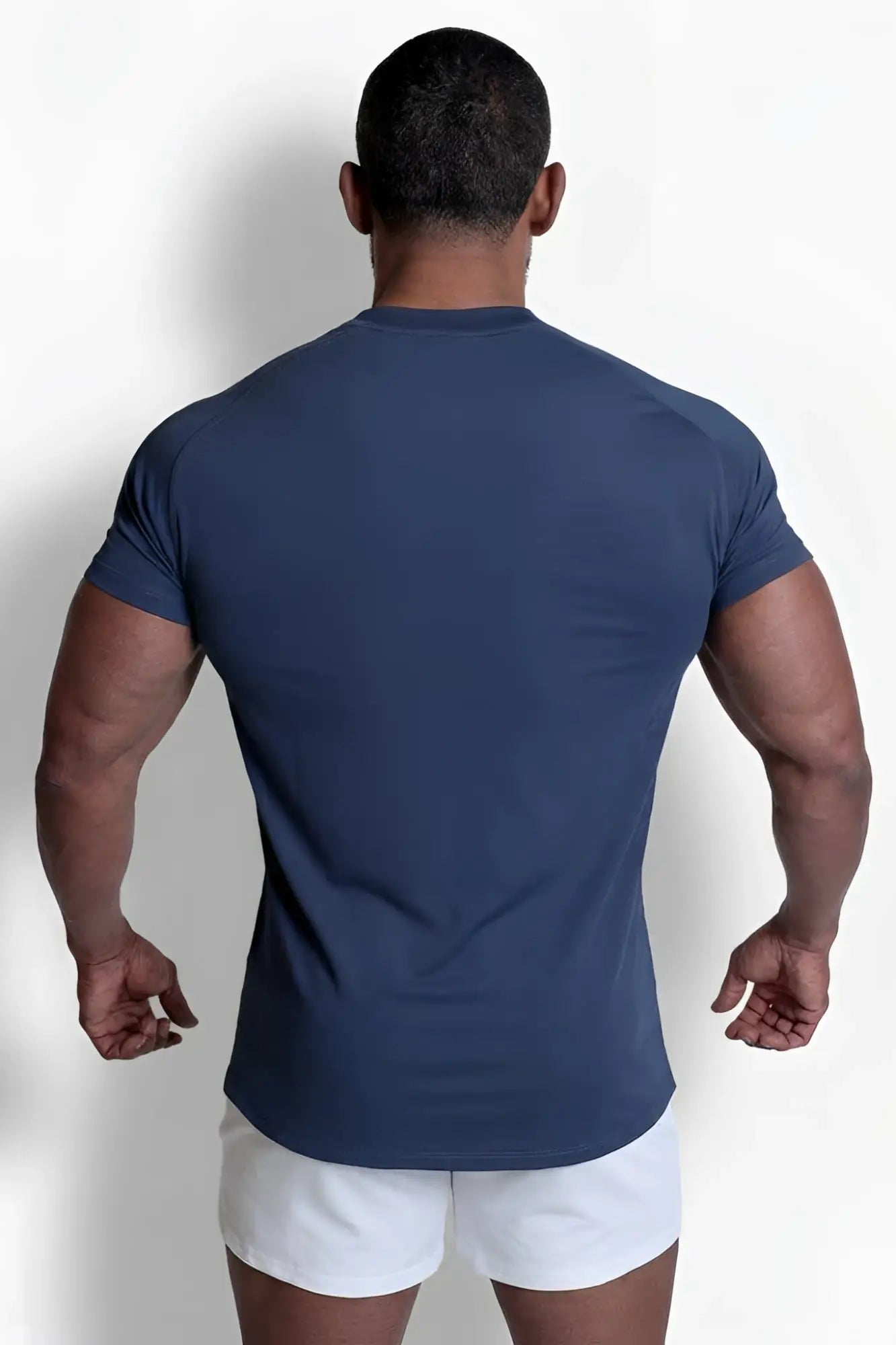Navy blue short-sleeved premium training tee made from breathable fabric for athletic performance and workouts