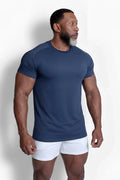 Navy blue short-sleeved premium training tee made of breathable athletic fabric for active workouts
