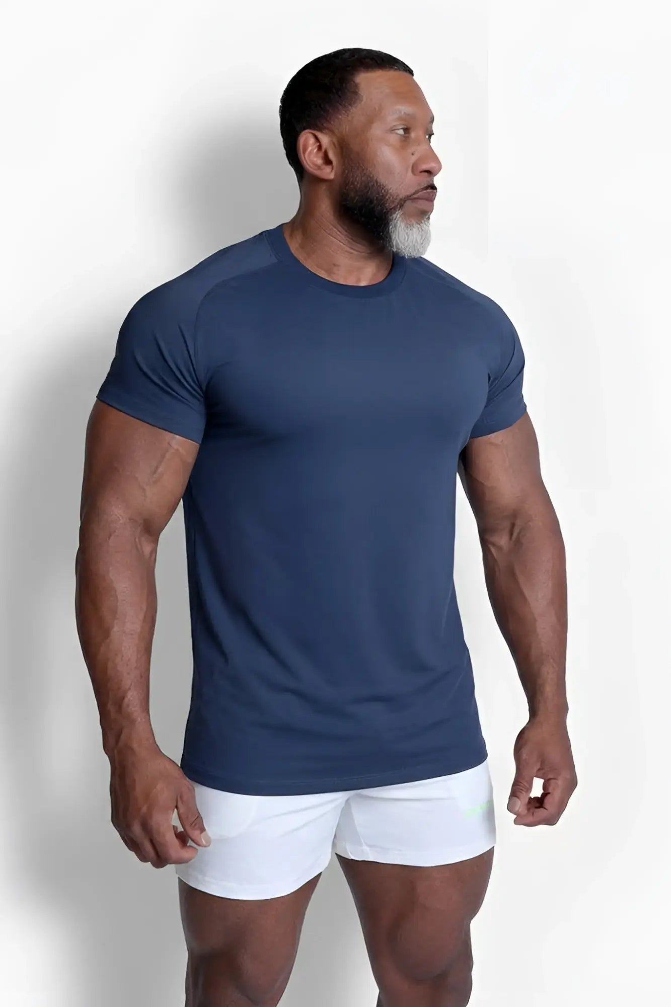 Navy blue short-sleeved premium training tee made of breathable athletic fabric for active workouts