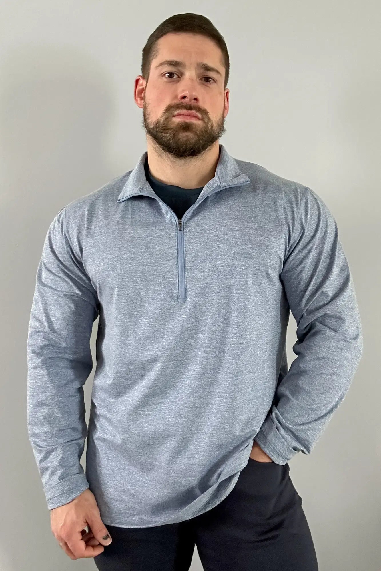Gray heathered quarter-zip training long sleeve pullover shirt with zip collar ideal for athletic wear
