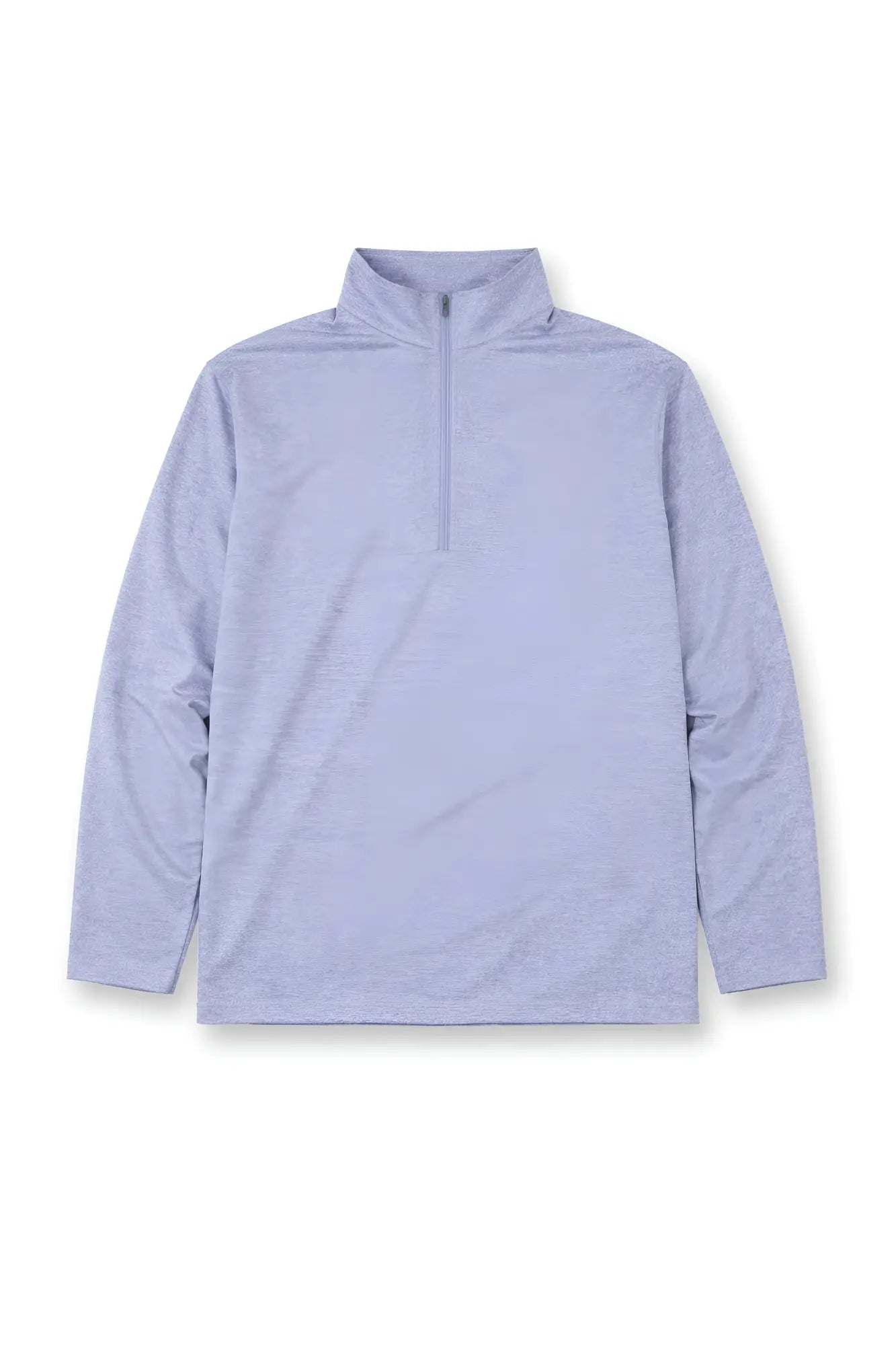 Light blue heathered quarter-zip training pullover with long sleeves made from moisture-wicking fabric